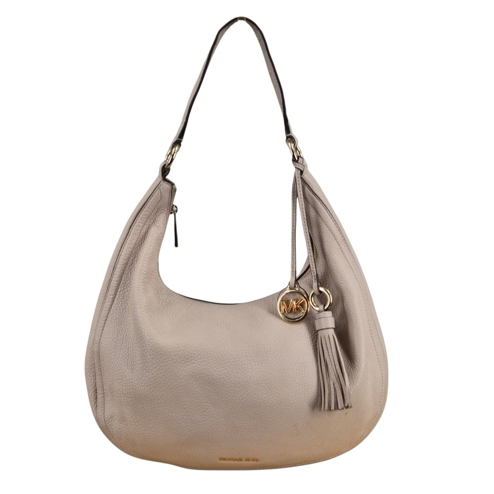 Michael Kors Bedford Large Pebbled Leather Hobo Bag Taupe Gold Hardware Tassel - Picture 1 of 9